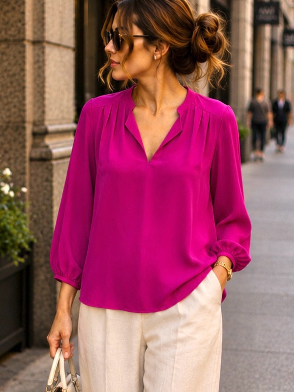 Pleione Fuchsia V-Neck Pleated Shoulder Blouse